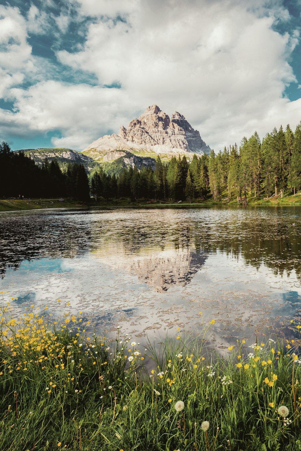 Un lago con una montagna sullo sfondo