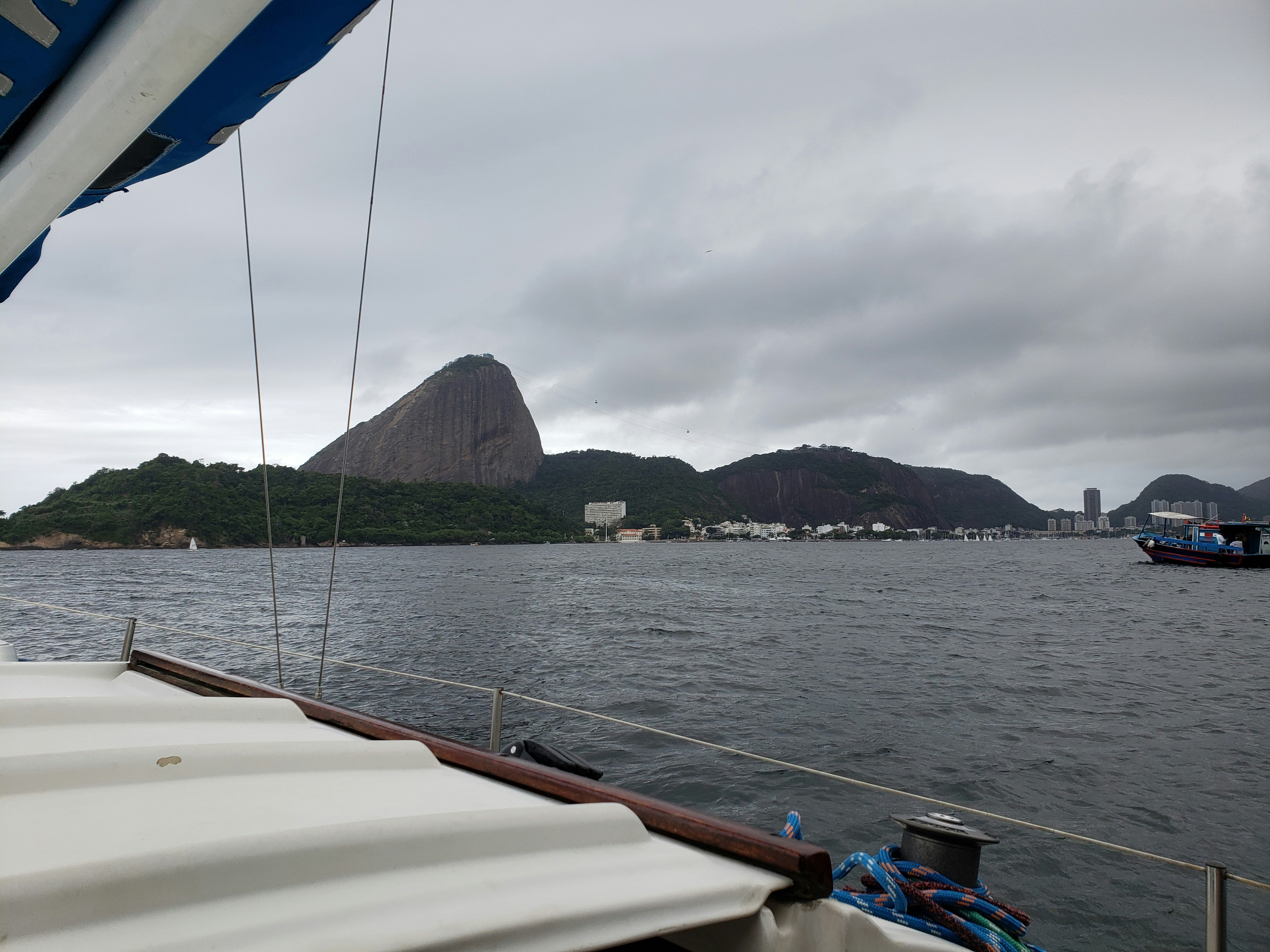 Distant view of Pão de Açúcar (sugarloaf mountain) on a cloudy day from the sea.