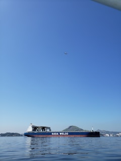 A large cargo ship with the name 'SAGA WELCO' is sailing on calm waters under a clear blue sky. In the distance, an airplane is flying high above. There are distant hilly landscapes and a few buildings visible on the horizon.