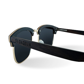 A pair of stylish sunglasses with dark lenses and a wooden frame. The arms have a slightly curved design and the frame includes metallic accents. The sunglasses display intricate detailing on the side, giving a modern and chic appearance.