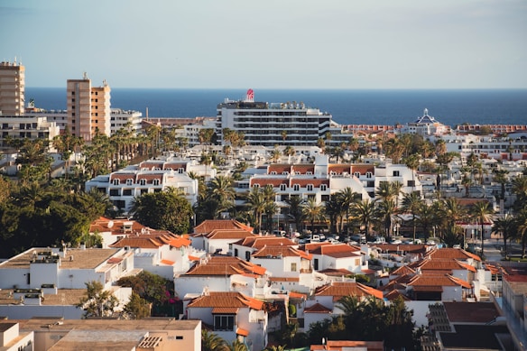 A coastal urban landscape featuring a mix of white buildings with red-tiled roofs, small palm trees scattered throughout the scene, and taller structures in the background overlooking the sea. A cruise ship is visible on the water, emphasizing the connection between the city and the ocean.