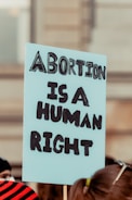A sign being held at a protest that reads 'Abortion is a Human Right' in bold, black letters on a light blue background. The sign is in focus, while the background appears to be a blurred crowd and a building.