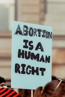 A sign being held at a protest that reads 'Abortion is a Human Right' in bold, black letters on a light blue background. The sign is in focus, while the background appears to be a blurred crowd and a building.