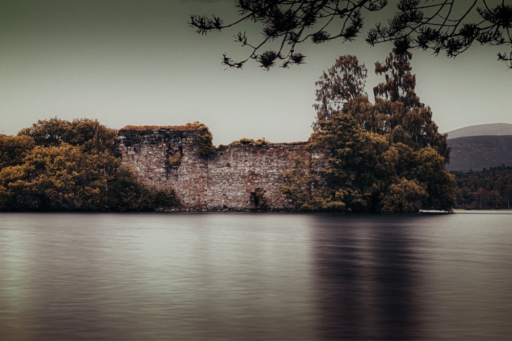 a body of water with trees and a cliff in the background