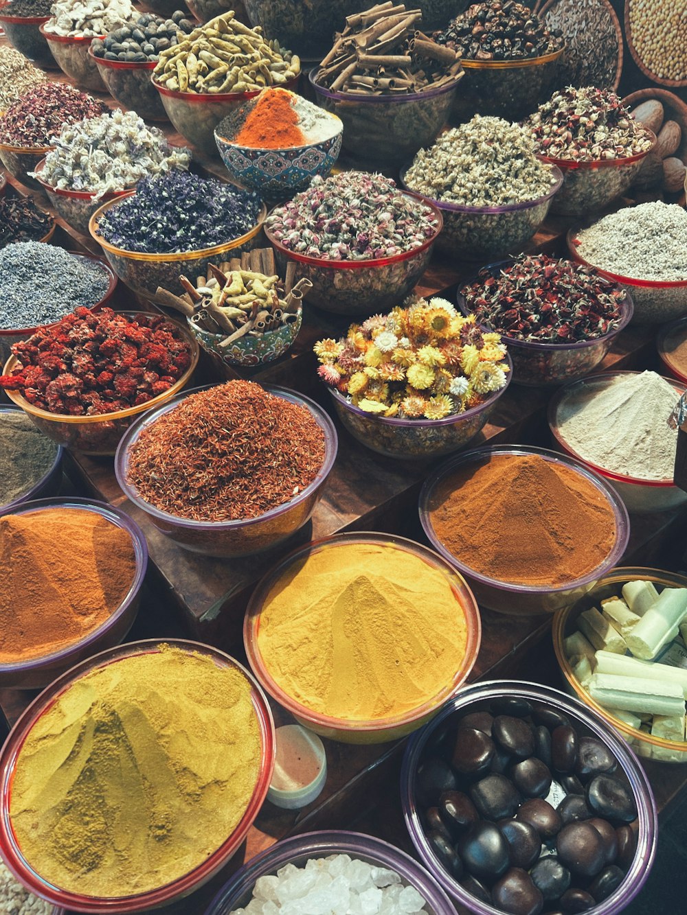 a table full of different types of spices