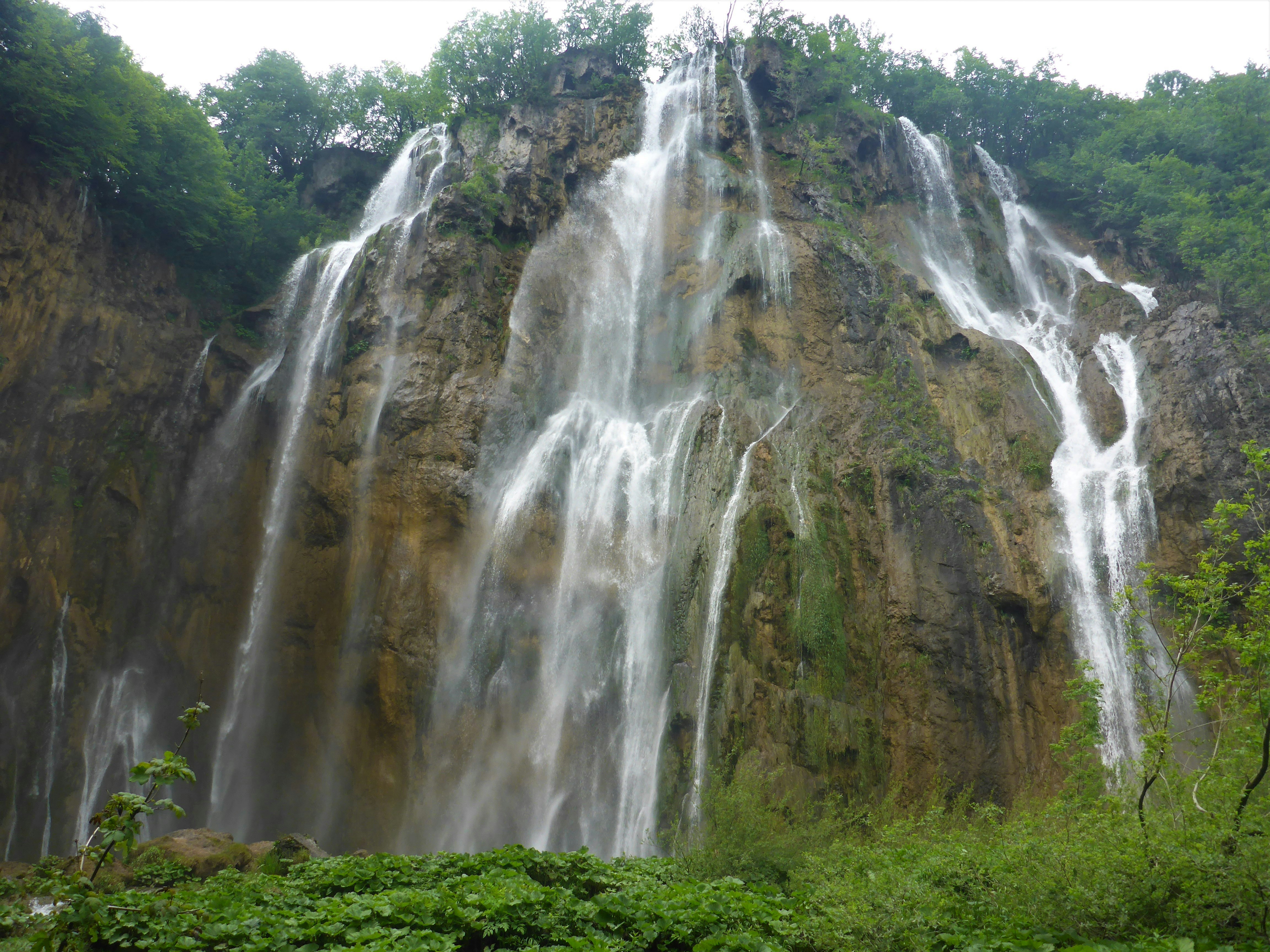 Ein Wasserfall mit Bäumen und Pflanzen drumherum