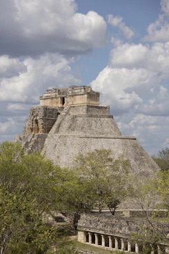 a stone castle with trees in front of it