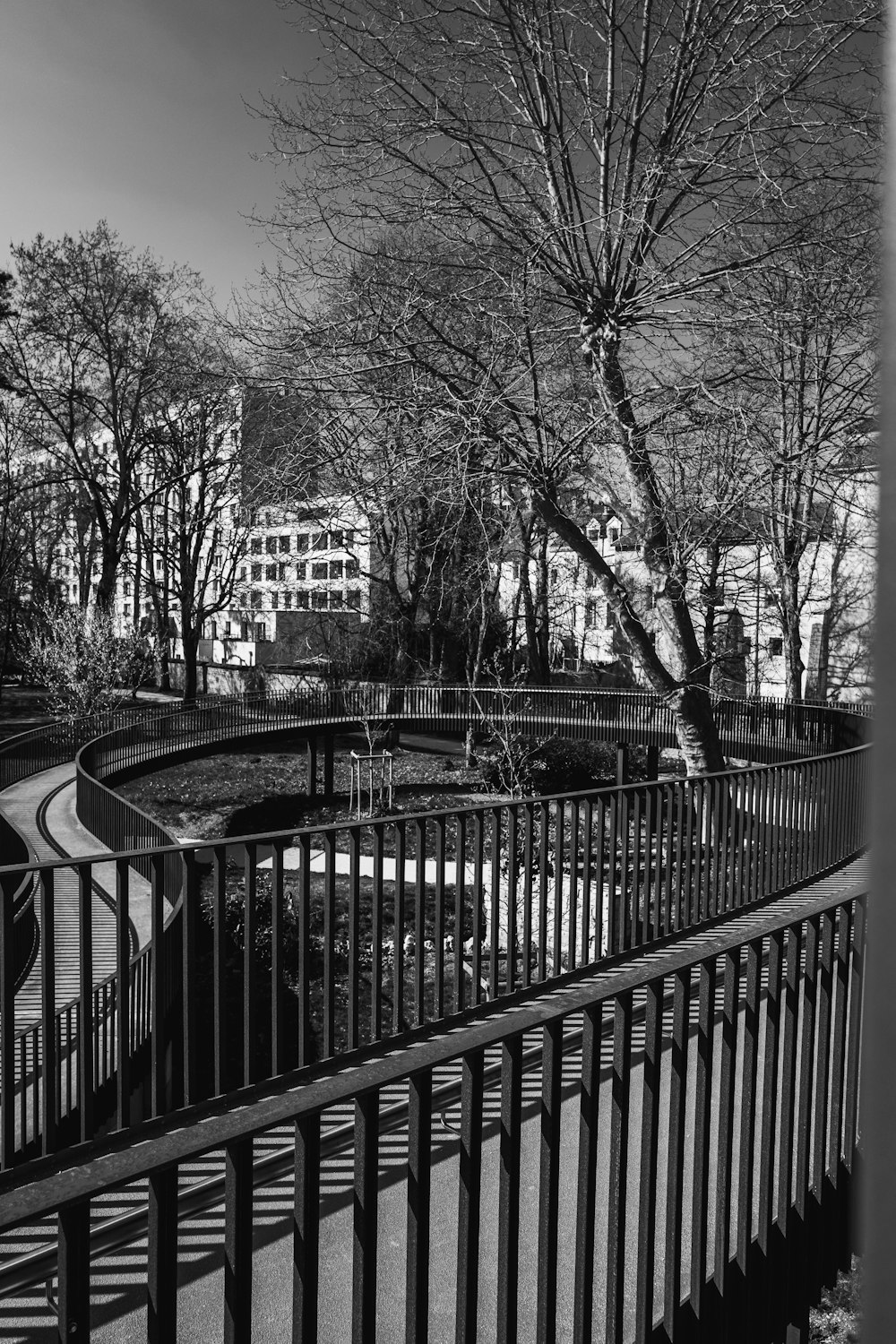 a black and white photo of a bridge and trees