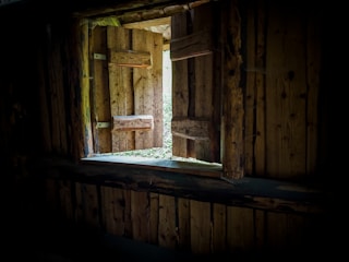 Interior view of a wooden house featuring handcrafted furniture and warm lighting.