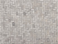 An arrangement of light gray interlocking paving stones forms a repetitive pattern. The pavers are rectangular with irregular, wavy edges, creating a uniform and structured surface.