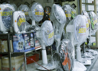 a group of white and blue fan