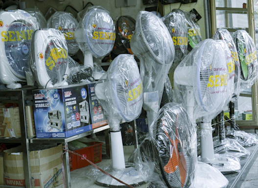 a group of white and blue fan