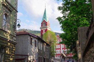 a group of buildings with a tower