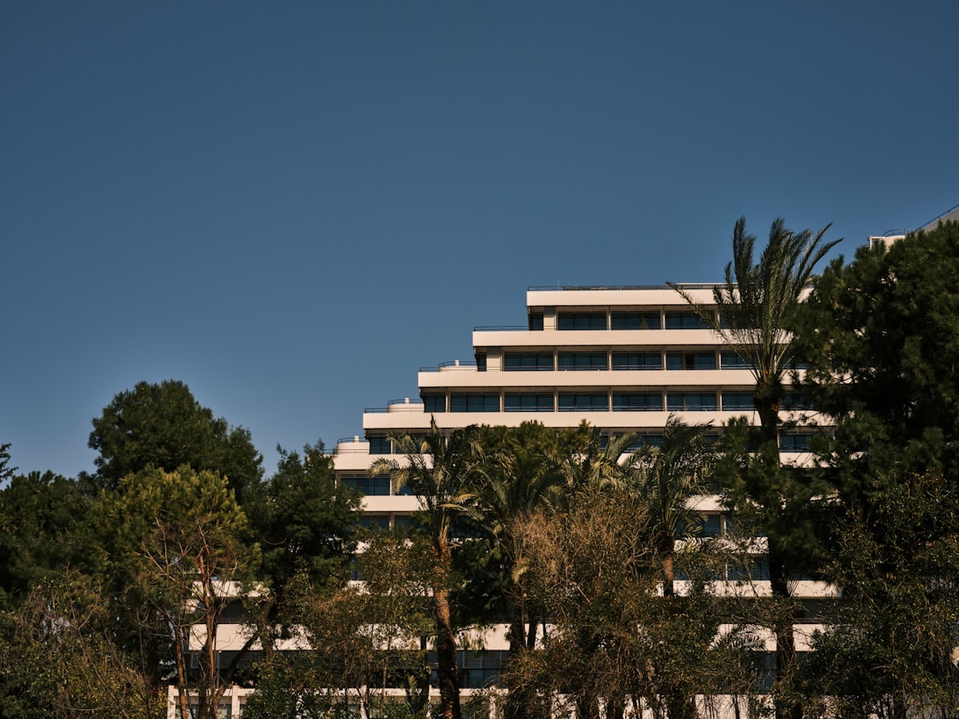 a building with trees in front of it, palm trees and a luxury hotel
