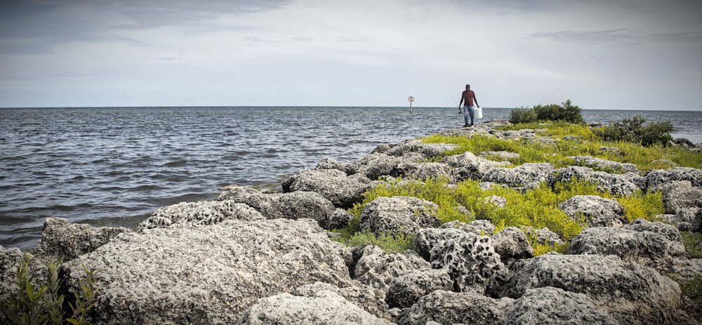 a man standing on a rocky beach