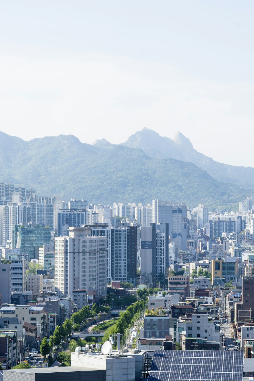 a city with a mountain in the background