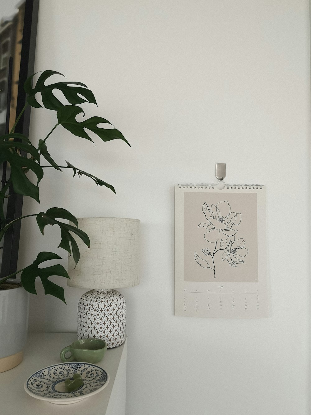 Una planta y un cuadro en una pared