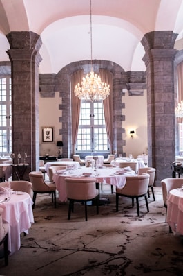 a room with tables and chairs