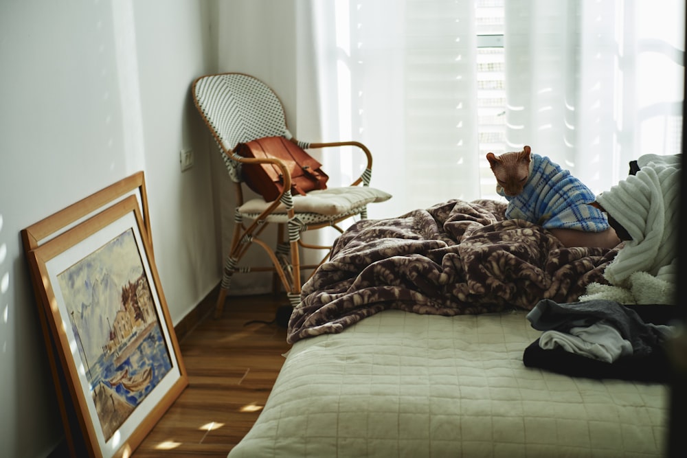 a cat laying on a bed