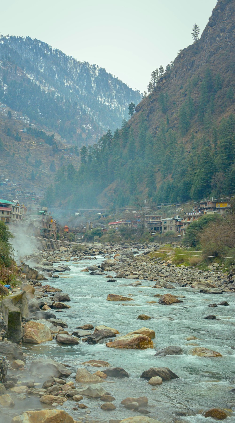 a river running through a valley between mountains