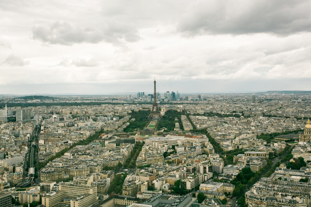 a city with a tower in the distance