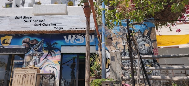 A vibrant street scene featuring a surf shop with signage offering surf school, guiding, and yoga. The exterior wall is adorned with colorful murals, including an eye-catching image resembling the Statue of Liberty and a spray can. Lush green foliage and bright flowering plants partially cover the upper part of the wall, adding a natural element. The atmosphere seems lively and artistic.