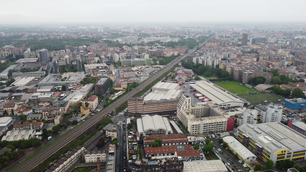 a city with many buildings and roads