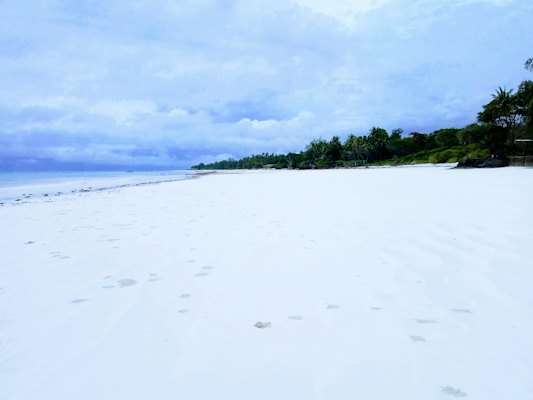 A beach with trees and a hill in the background — Diani Beach, Kenya