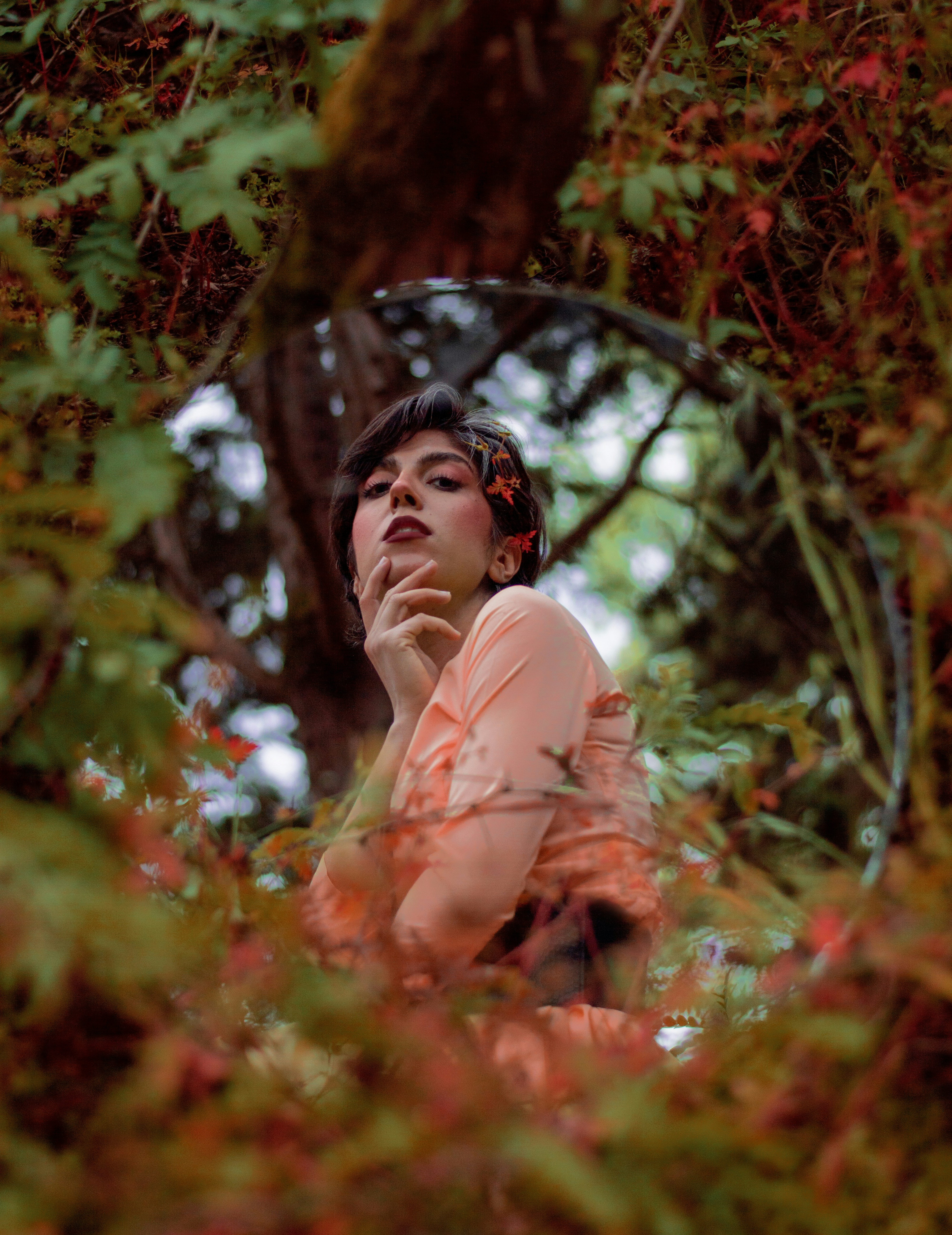 木に座っている人