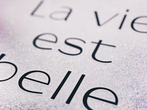 A close-up view of text on a sparkling background with the phrase 'La vie est belle' written in elegant black font. The surface appears to be glittery, creating a shimmering effect around the letters.