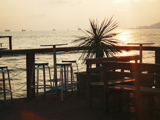 A serene seaside setting with a wooden deck featuring bar stools and tables. A palm plant is silhouetted against the golden hues of a sunset reflecting on the calm sea. Ships are visible on the horizon under a softly cloudy sky.