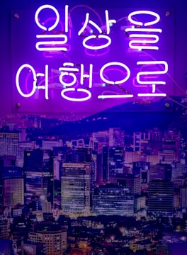A cityscape at night with a vibrant purple neon sign written in Korean characters. The skyline features tall, illuminated skyscrapers against a dark sky.