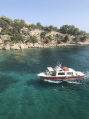 A small boat navigates through clear turquoise waters near a rocky shoreline covered with lush green trees under a clear blue sky.
