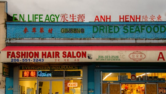A storefront with multiple businesses, including a fashion hair salon, an insurance agency, and a shop selling ginseng and dried seafood. The facade is colorful with signs in both English and another language. Neon lights and an open sign are visible in the salon window.