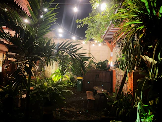 Backyard patio with orange outdoor furniture under string lights.