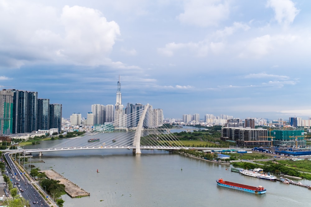 a river with a bridge and a city in the background