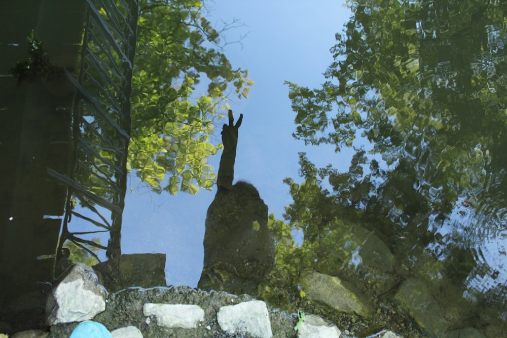 Eine Statue einer Person auf einem Felsen, umgeben von Bäumen