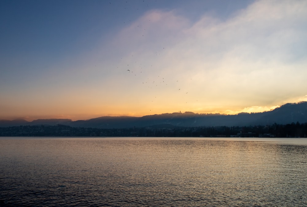 a body of water with trees and mountains in the background