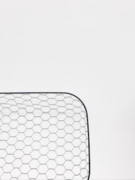 A close-up view of a hexagonal wire mesh, likely made of metal, against a white background. The mesh forms a curved rectangular shape, consisting of evenly spaced hexagonal patterns.