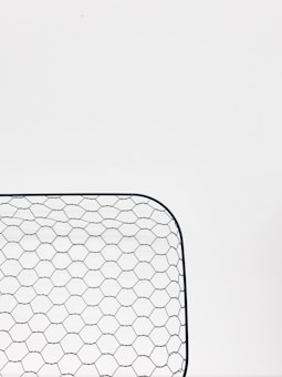 A close-up view of a hexagonal wire mesh, likely made of metal, against a white background. The mesh forms a curved rectangular shape, consisting of evenly spaced hexagonal patterns.