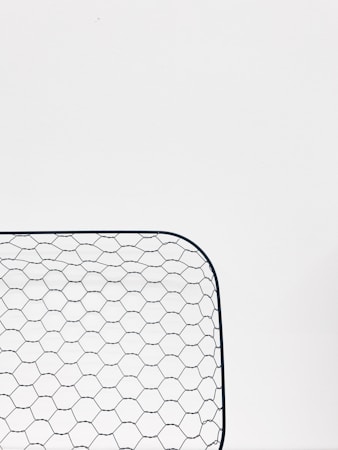 A close-up view of a hexagonal wire mesh, likely made of metal, against a white background. The mesh forms a curved rectangular shape, consisting of evenly spaced hexagonal patterns.