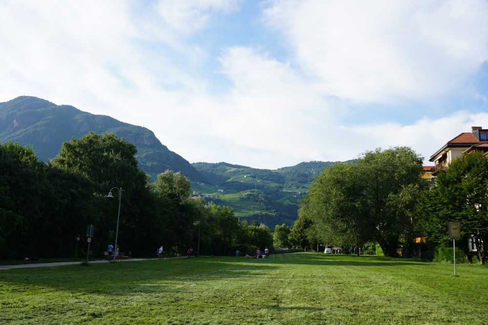 a grassy area with trees and buildings in the background