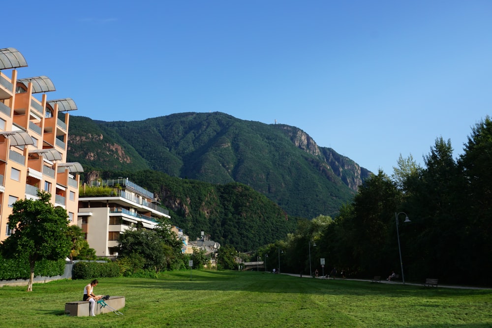 a person sitting on a bench in a park with a mountain in the background