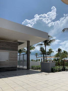 A modern architectural structure with a flat roof and gray tiles is partially visible. There are tall palm trees in the background, and the sky is bright with scattered clouds. The foreground includes a tiled patio area, and the scene suggests a tropical setting.