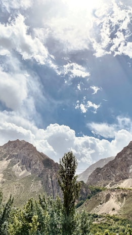 A vibrant mountain landscape with lush greenery and clear skies.