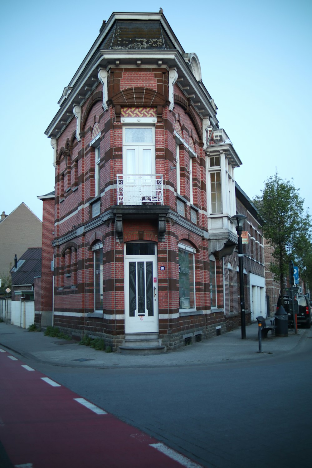 a building with a red and white exterior