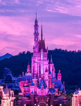 a castle with a pink and purple sky