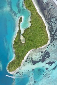 An aerial view of a lush, green island surrounded by vibrant turquoise and deep blue waters. The island has a long, narrow shape with dense vegetation and sandy shores. A white wake of a boat can be seen near the lower edge of the image, contrasting with the clear water.