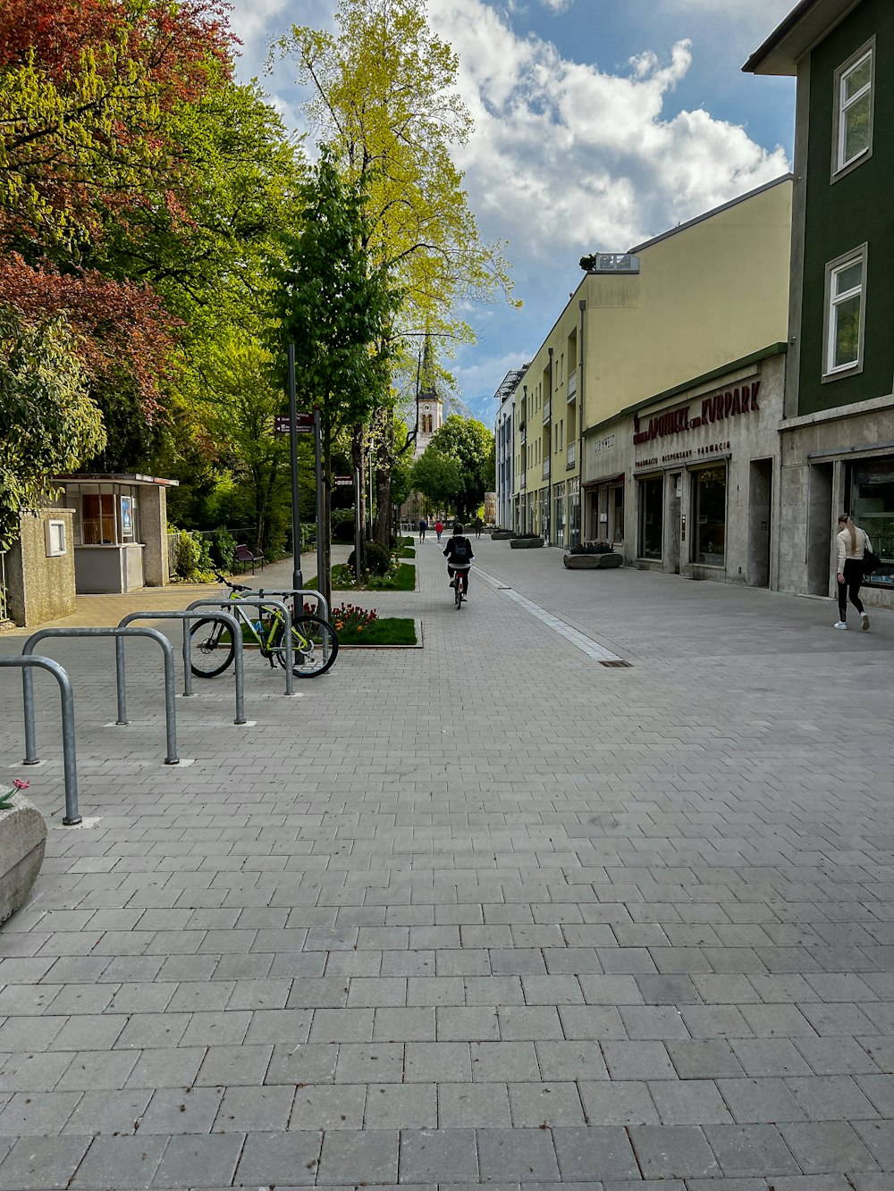 a person riding a bicycle on a street with trees on either side