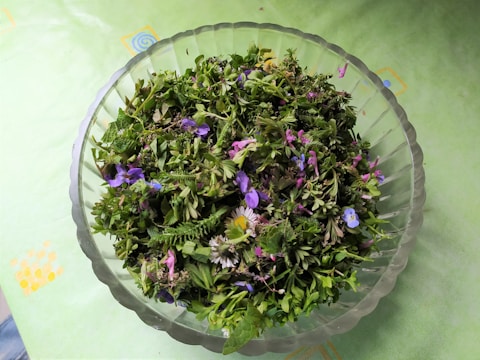 Colorful array of fresh flowers and herbs on a wooden table.